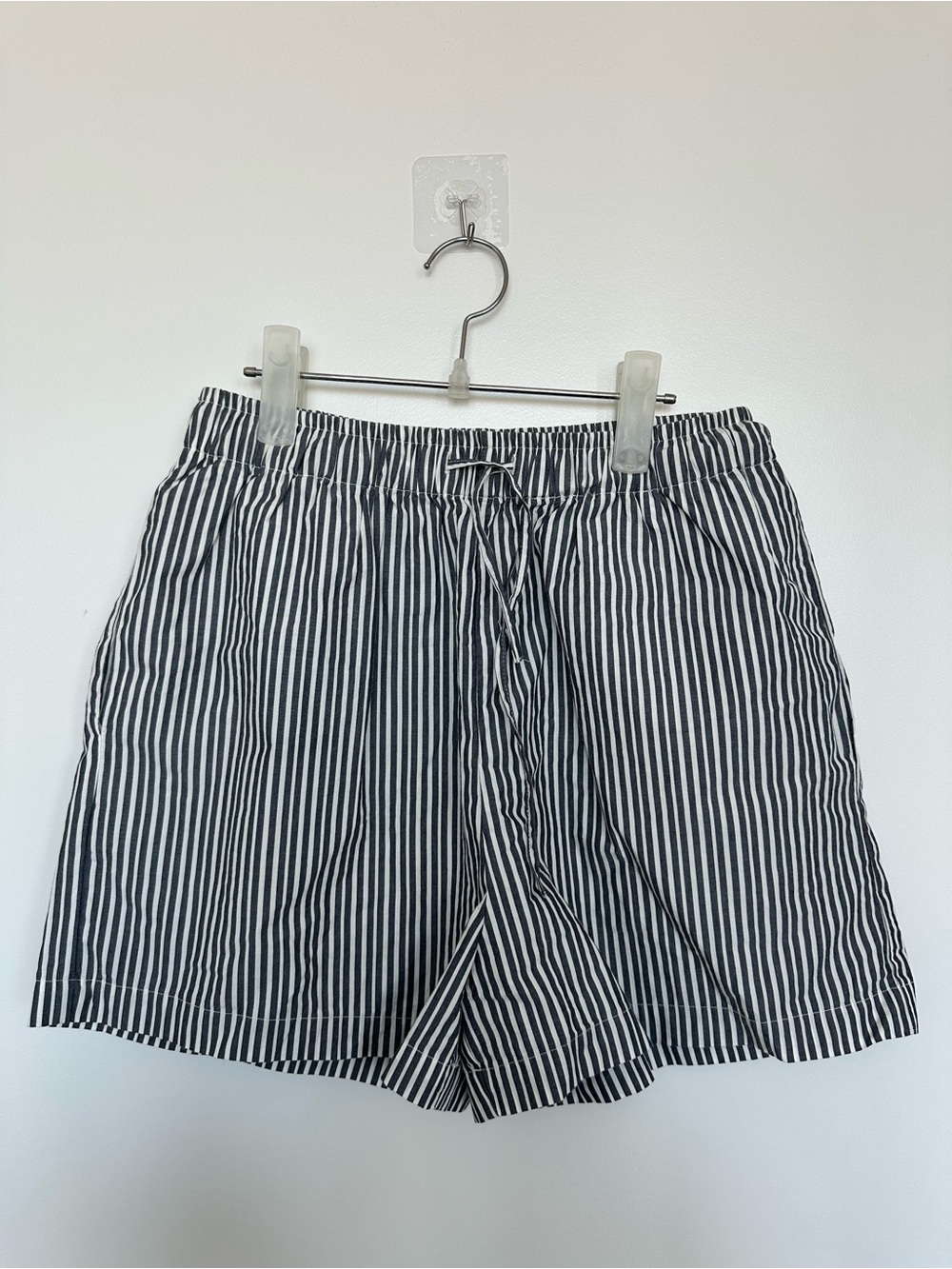OAK + FORT Greyish Blue and White Vertical Stripe Drawstring Shorts
